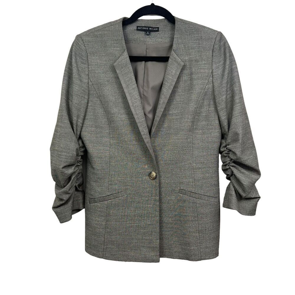 Antonio Melani Linen Blazer One Button Ruched Sleeve Ventless Grey Women Size 6*